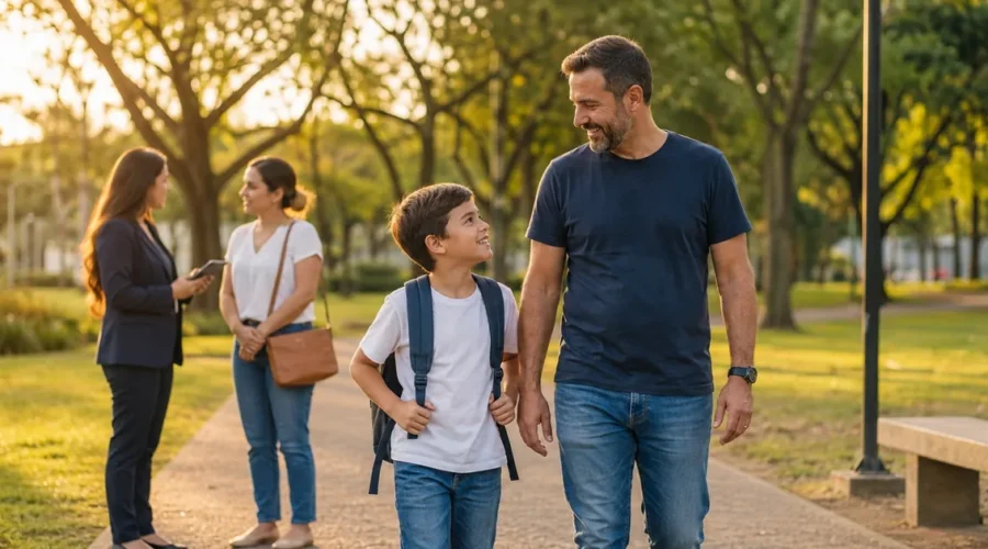 Pai e filho caminham juntos após orientação sobre convivência