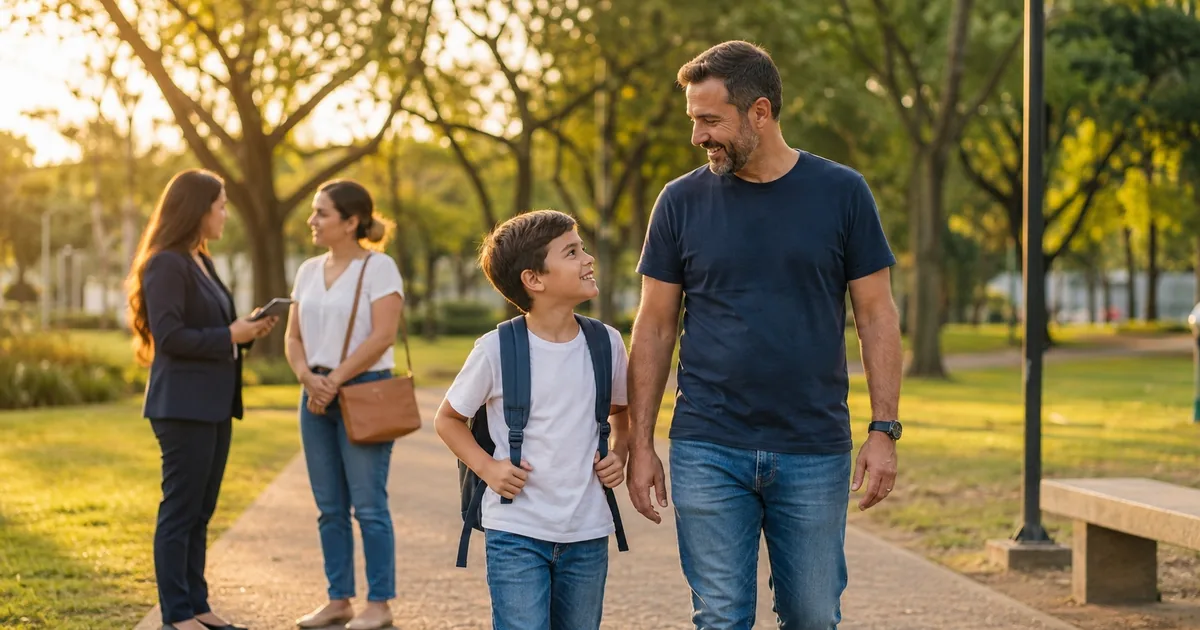 Pai e filho caminham juntos após orientação sobre convivência
