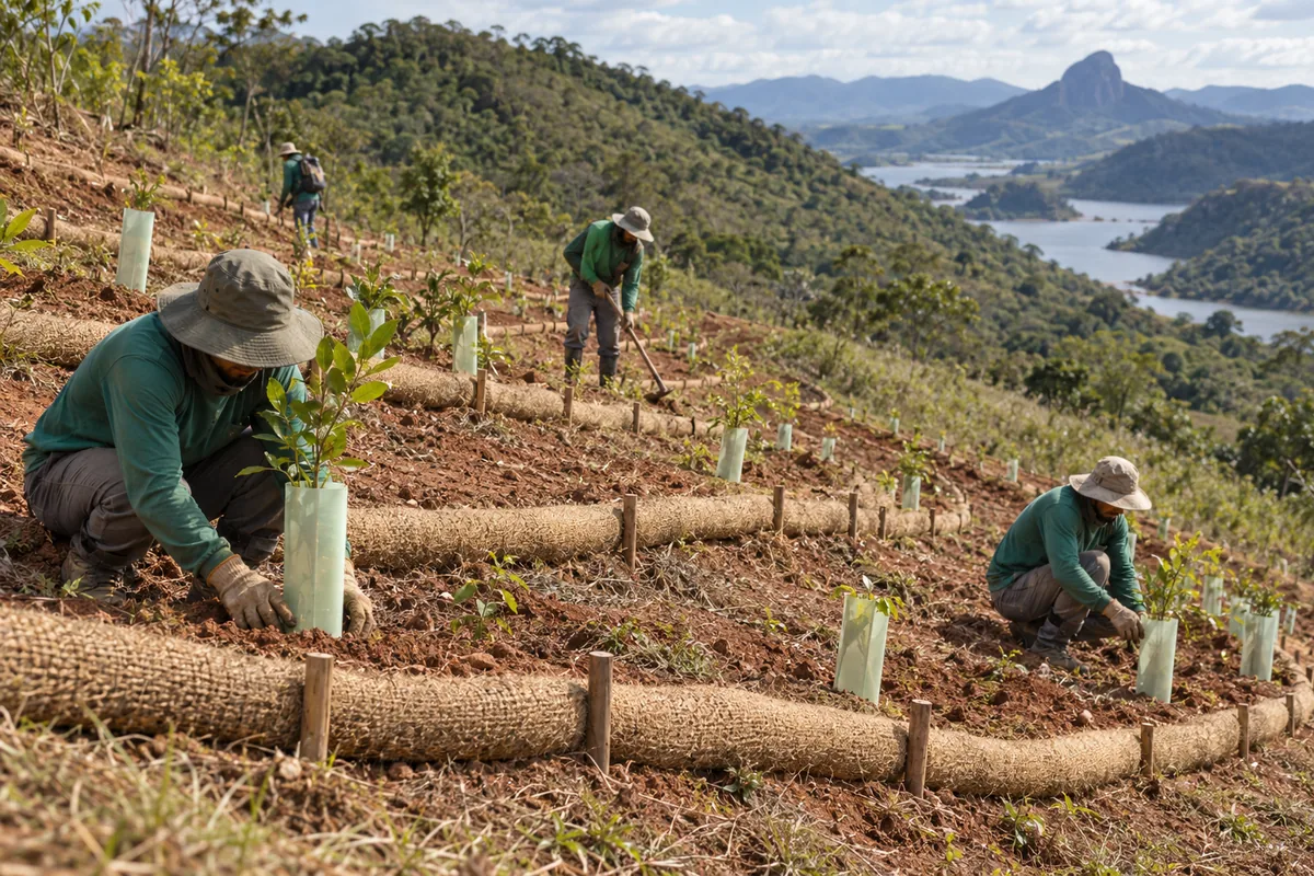 Equipe implanta controle de erosão e mudas nativas em encosta