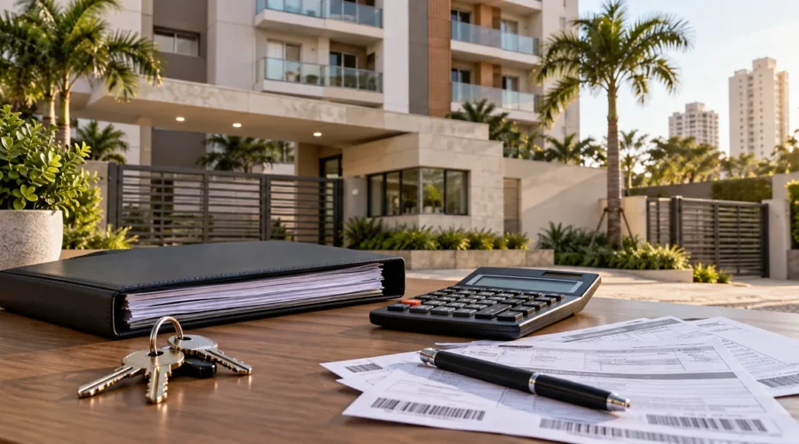 Condomínio, documentos e calculadora representam a gestão da inadimplência condominial