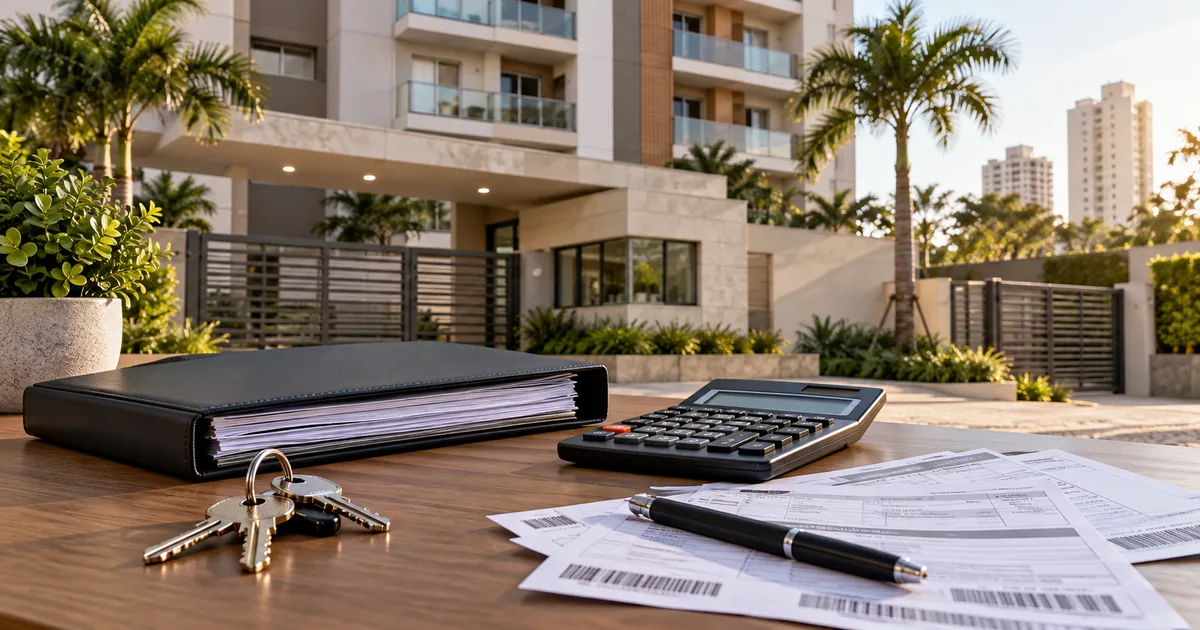 Condomínio, documentos e calculadora representam a gestão da inadimplência condominial