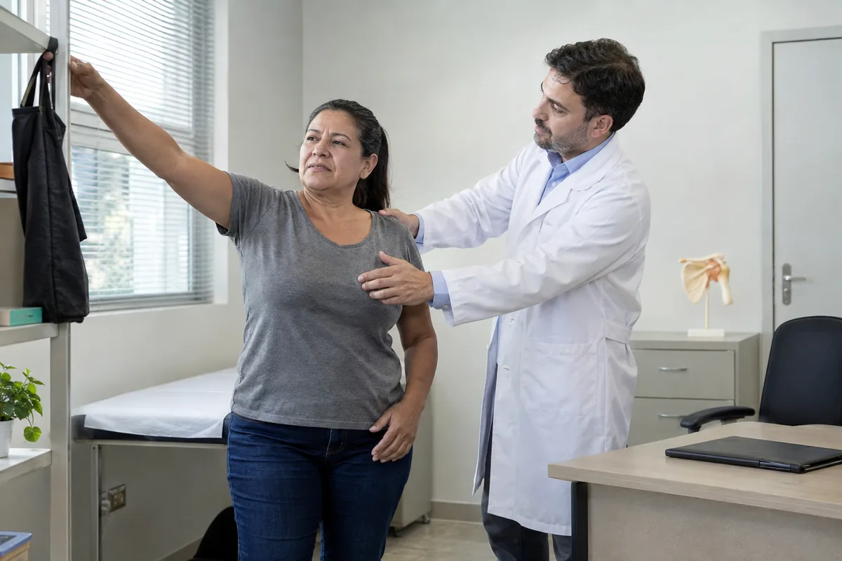 Médico avalia movimento do ombro de trabalhadora