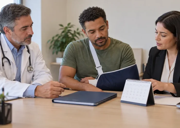 Trabalhador analisa benefício com médico e profissional previdenciária