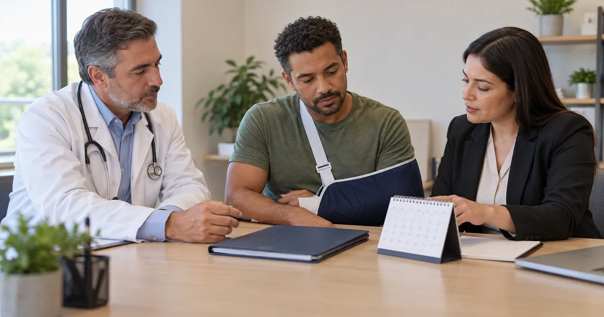 Trabalhador analisa benefício com médico e profissional previdenciária