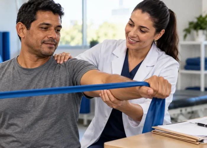 Trabalhador em reabilitação com documentos para calcular indenização