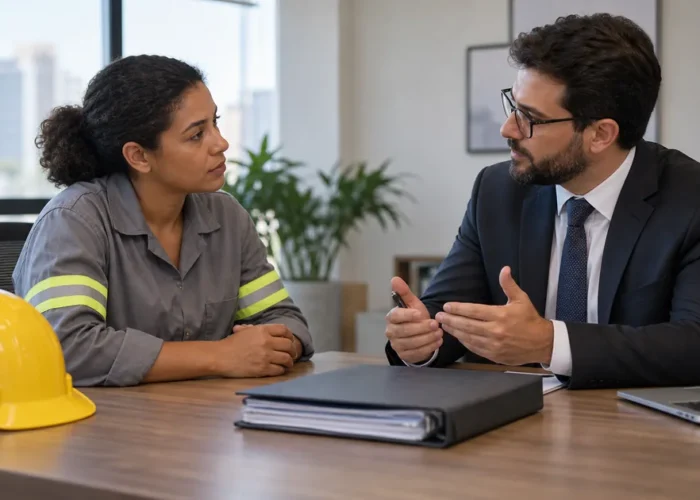 Trabalhadora conversa com advogado sobre indenização por acidente de trabalho