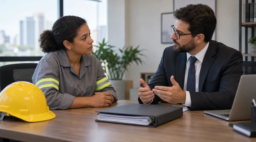 Trabalhadora conversa com advogado sobre indenização por acidente de trabalho