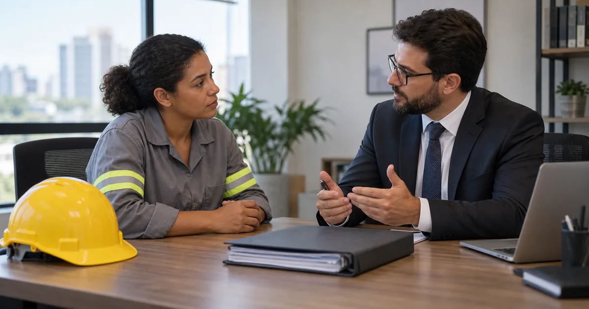 Trabalhadora conversa com advogado sobre indenização por acidente de trabalho