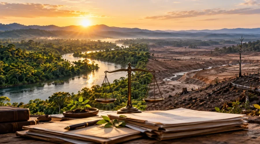 Paisagem preservada e degradada simbolizando reparação ambiental