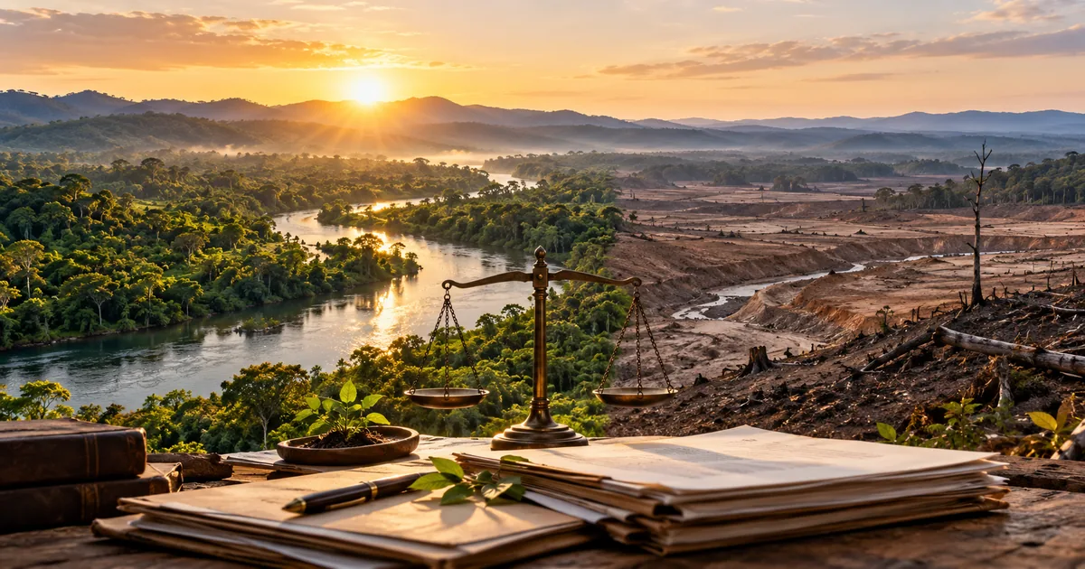 Paisagem preservada e degradada simbolizando reparação ambiental
