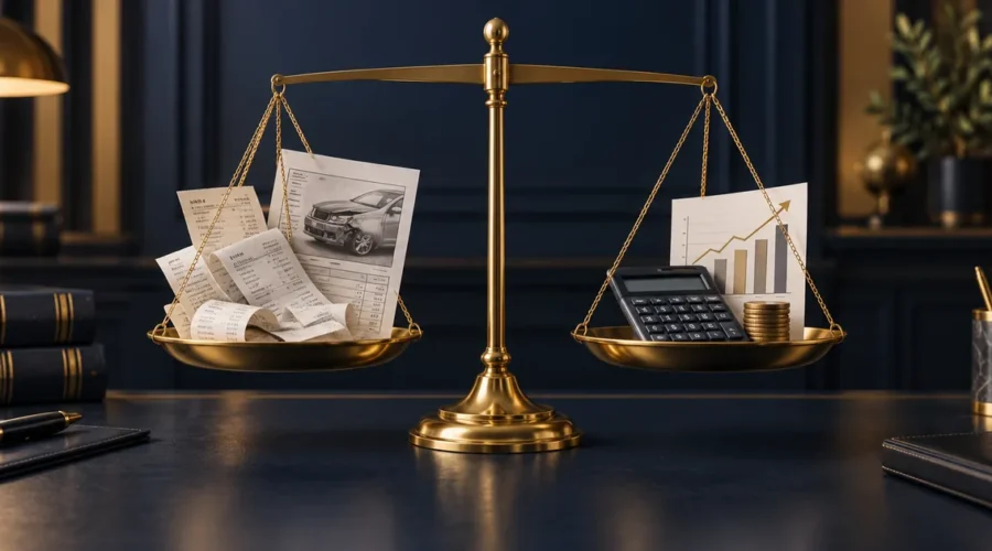 Balança com recibos e cálculo financeiro representa indenização por danos materiais
