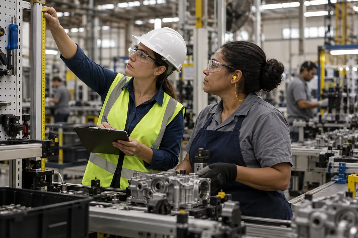 Engenheira e trabalhadora avaliam risco em posto industrial