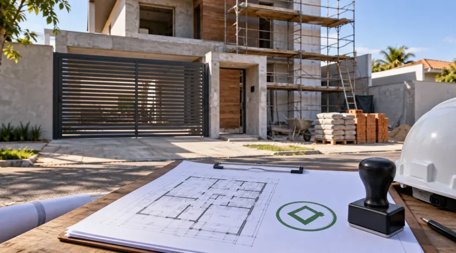 Projeto e capacete diante de obra residencial em fiscalização