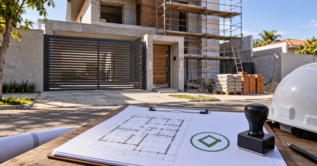 Projeto e capacete diante de obra residencial em fiscalização