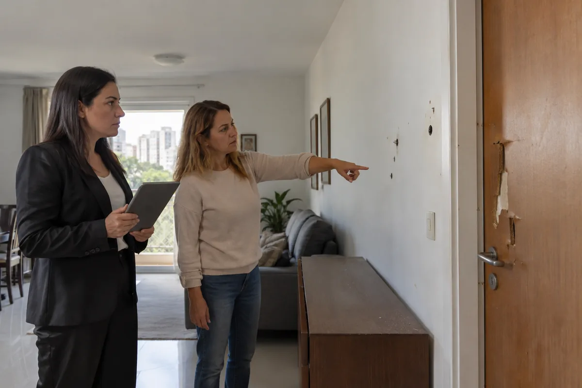 Proprietária e profissional registram danos em vistoria de imóvel alugado