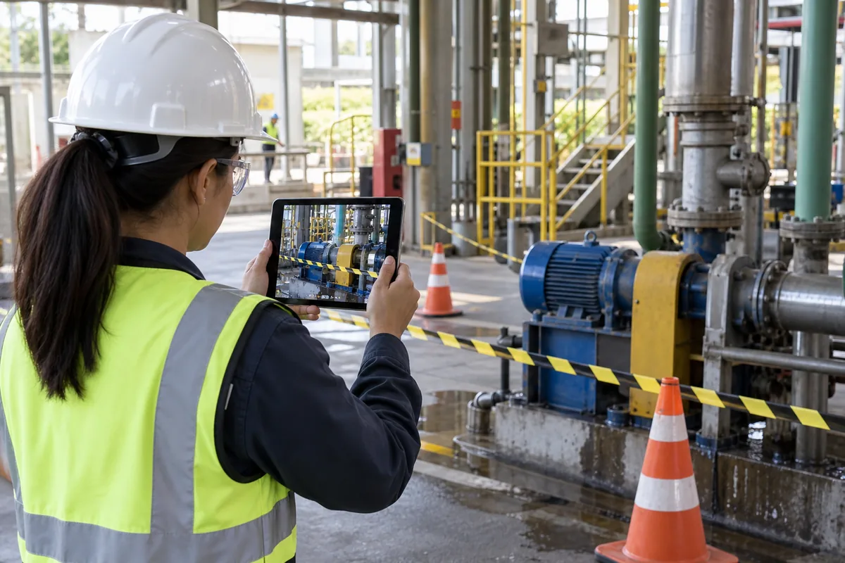 Profissional de segurança documenta área industrial após ocorrência