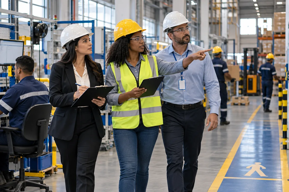 Equipe jurídica e de segurança inspeciona ambiente de trabalho industrial