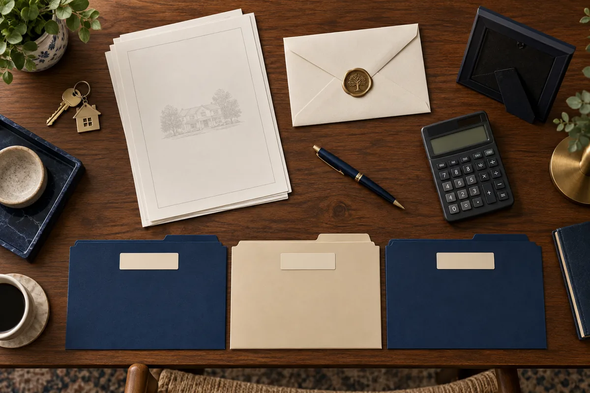 Documentos patrimoniais, chave, envelope e pastas organizadas