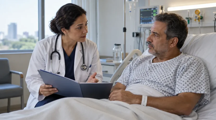 Médica orienta paciente internado sobre negativa do plano de saúde