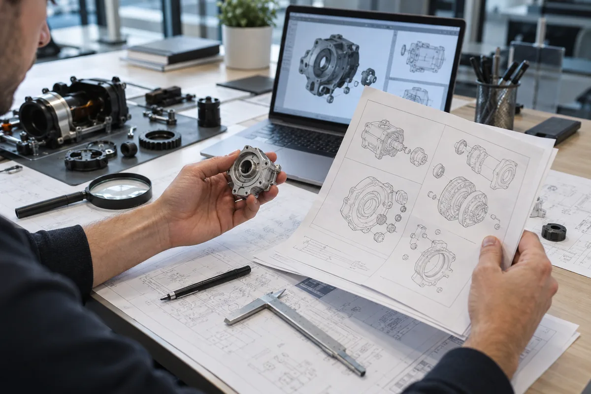Engenheiro compara componente com desenhos técnicos de patente
