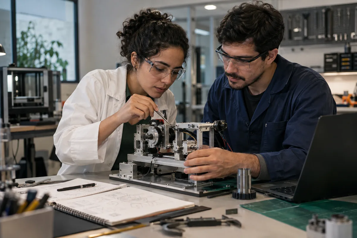 Inventora e engenheiro testam protótipo mecânico reservado