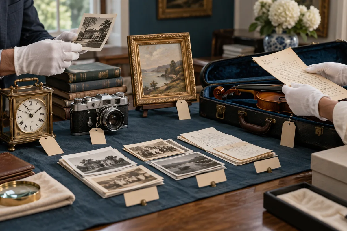 Relógio, câmera, quadro e instrumento musical com documentos e fotografias de procedência