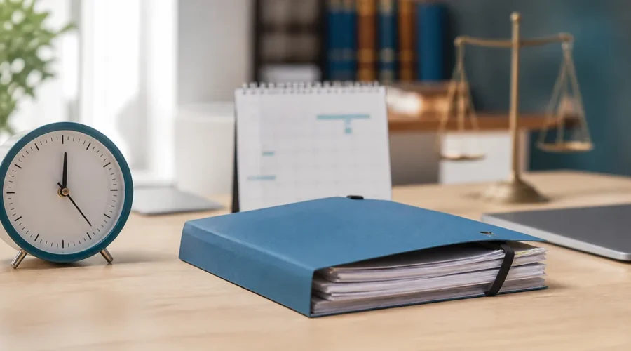 Pasta de inventário com relógio, calendário e balança da justiça