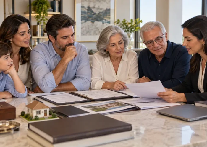 Família multigeracional analisa documentos com advogada