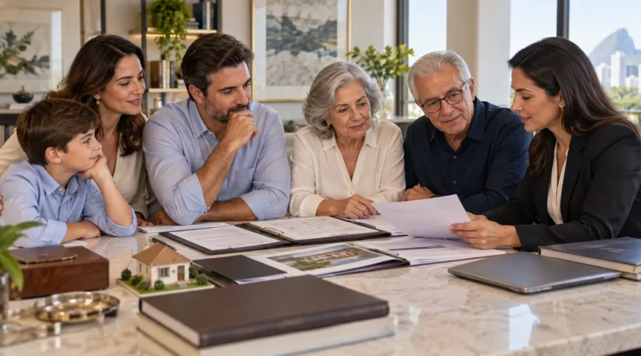 Família multigeracional analisa documentos com advogada