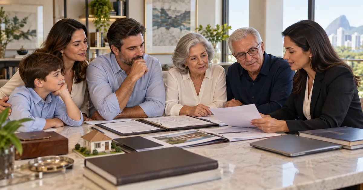 Família multigeracional analisa documentos com advogada