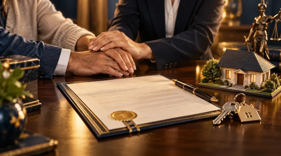 Escritura, imóvel e mãos unidas representam inventário extrajudicial