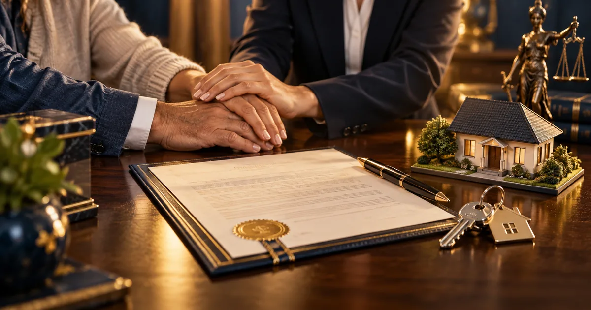 Escritura, imóvel e mãos unidas representam inventário extrajudicial