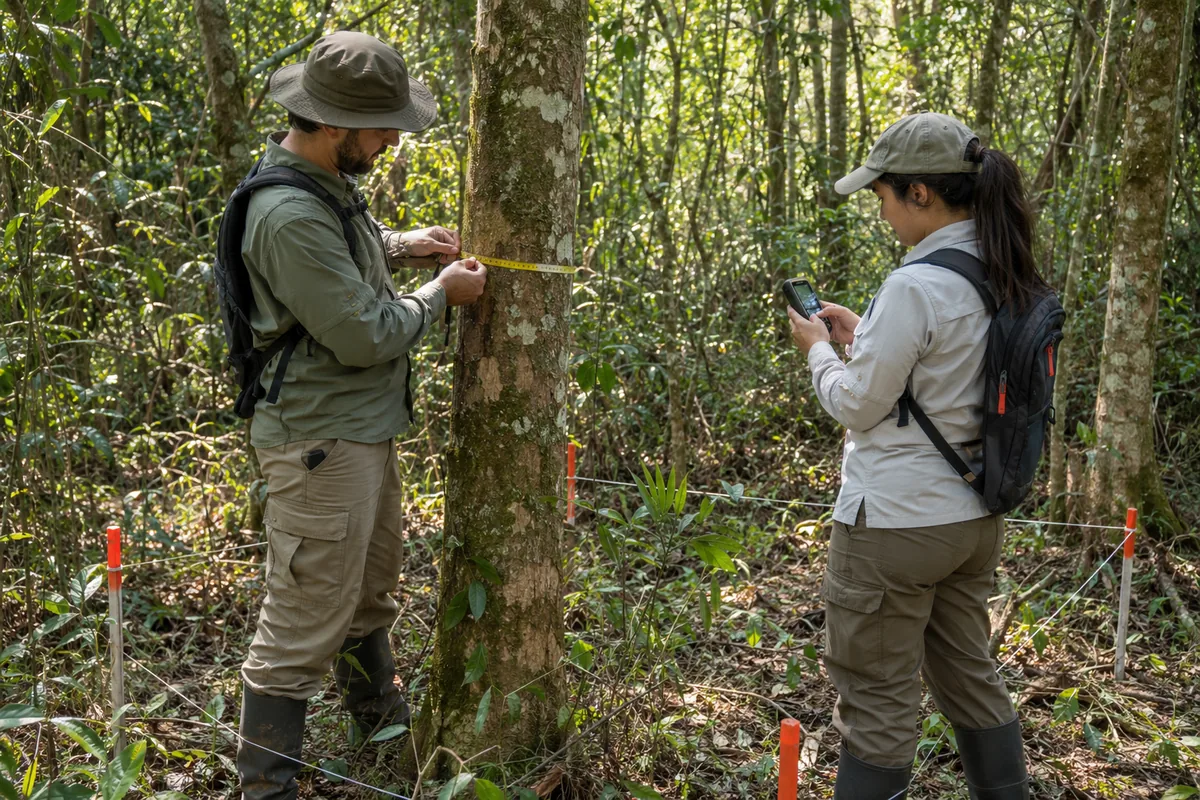 Profissionais medem árvore e registram coordenadas em inventário florestal