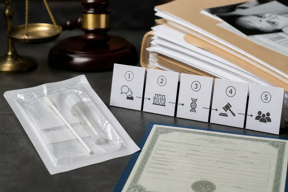Kit de DNA e documentos representam etapas da ação de investigação de paternidade