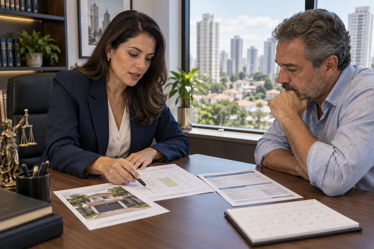 Advogada e proprietário analisam documentos de imóvel e cobrança de IPTU