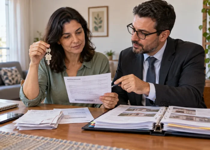 Moradora e advogado avaliam IPTU e outros documentos de posse