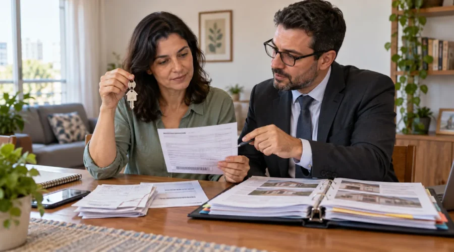Moradora e advogado avaliam IPTU e outros documentos de posse
