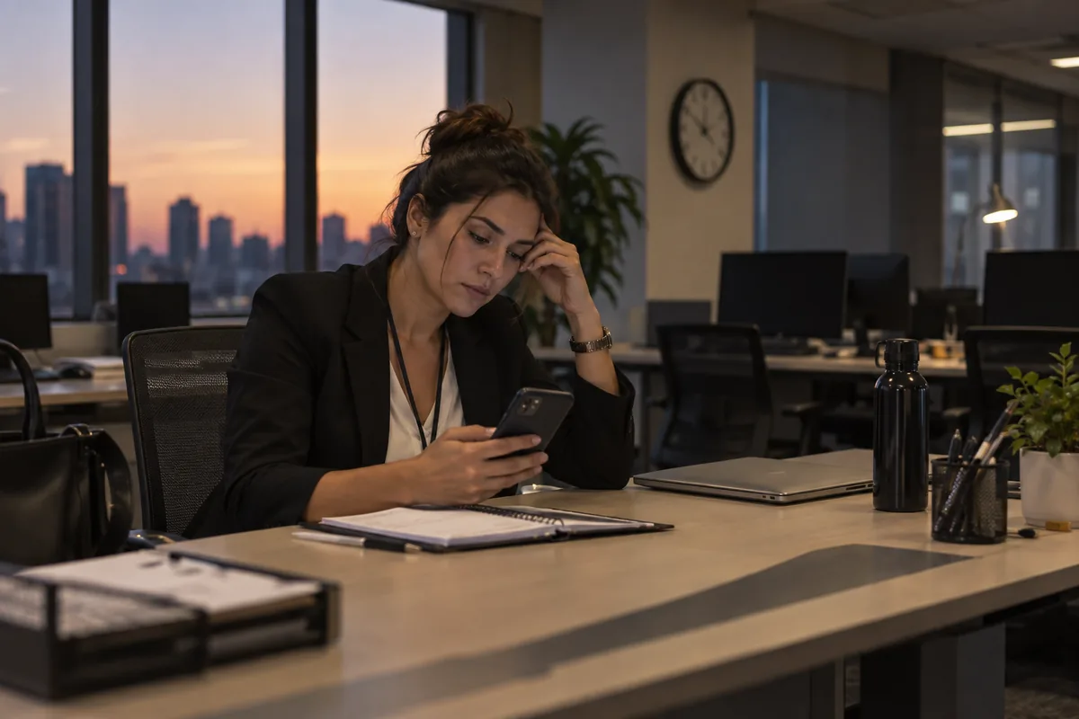 Profissional bancária confere mensagens de trabalho após o expediente