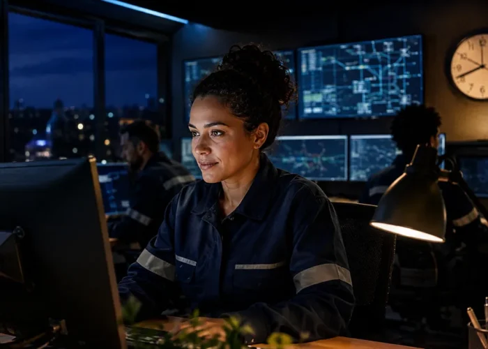 Profissional trabalha à noite em central de operações