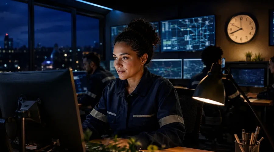 Profissional trabalha à noite em central de operações