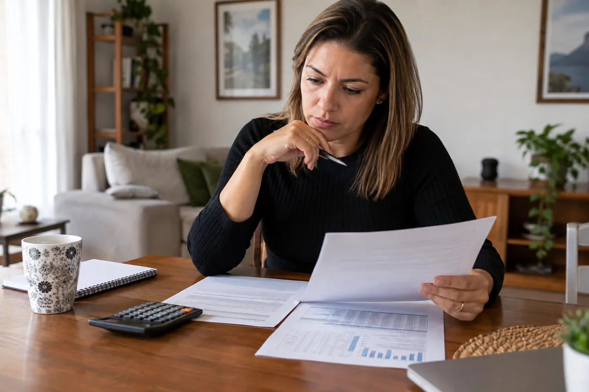 Consumidora confere contrato, parcelas e calculadora em casa
