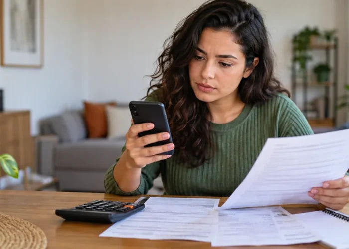 Consumidora compara contrato, calculadora e parcelas de crédito