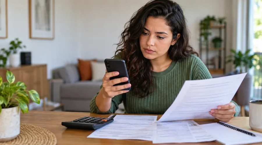 Consumidora compara contrato, calculadora e parcelas de crédito