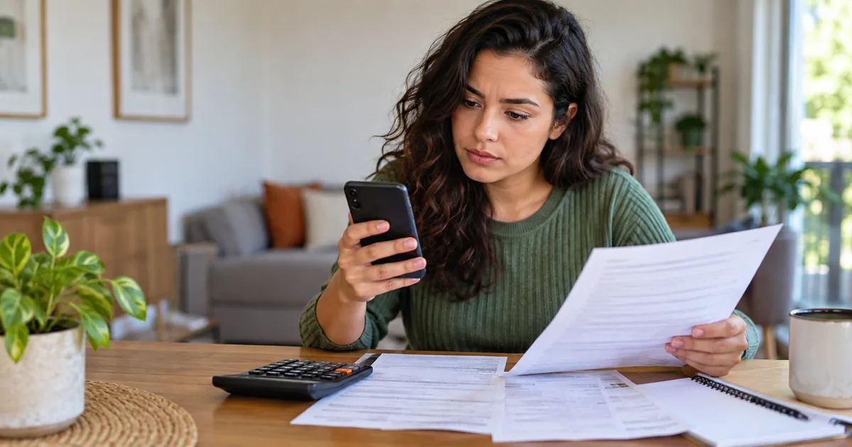 Consumidora compara contrato, calculadora e parcelas de crédito