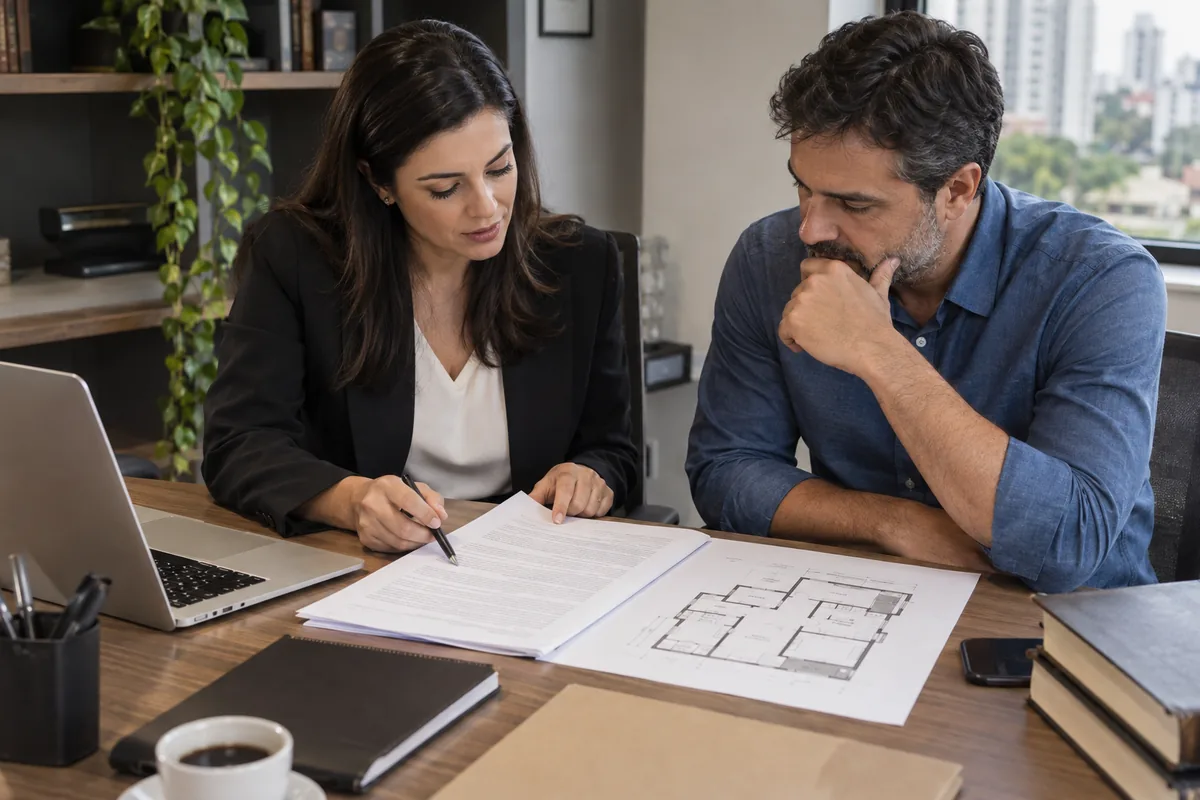 Advogada e cliente analisam edital e planta de imóvel antes do leilão
