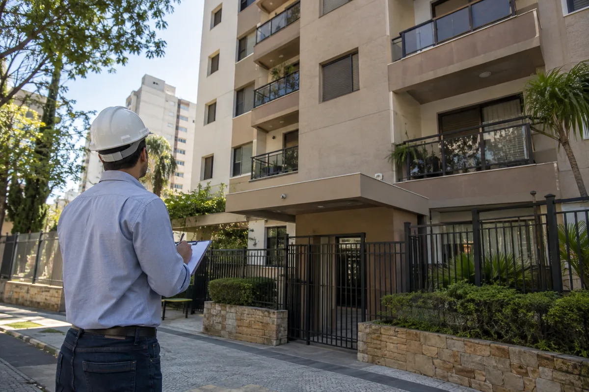 Profissional realiza vistoria externa de prédio residencial antes do leilão