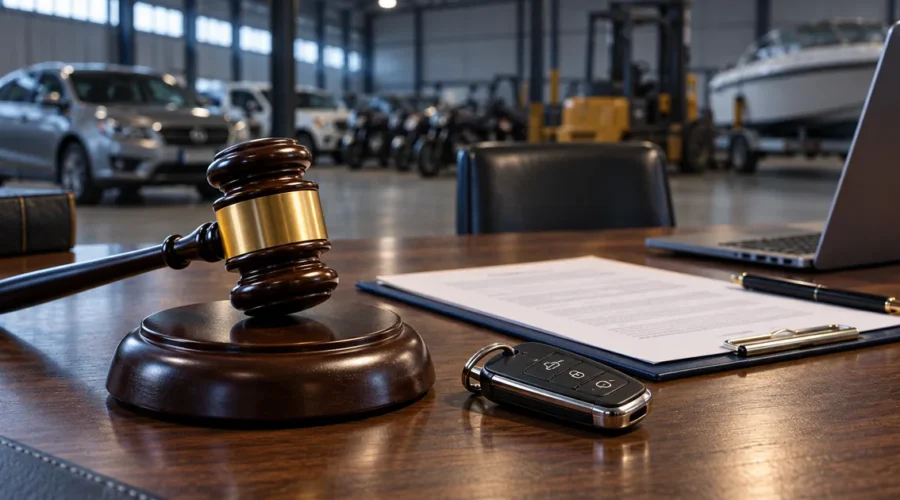 Martelo e chave de veículo representam leilão judicial de bem móvel
