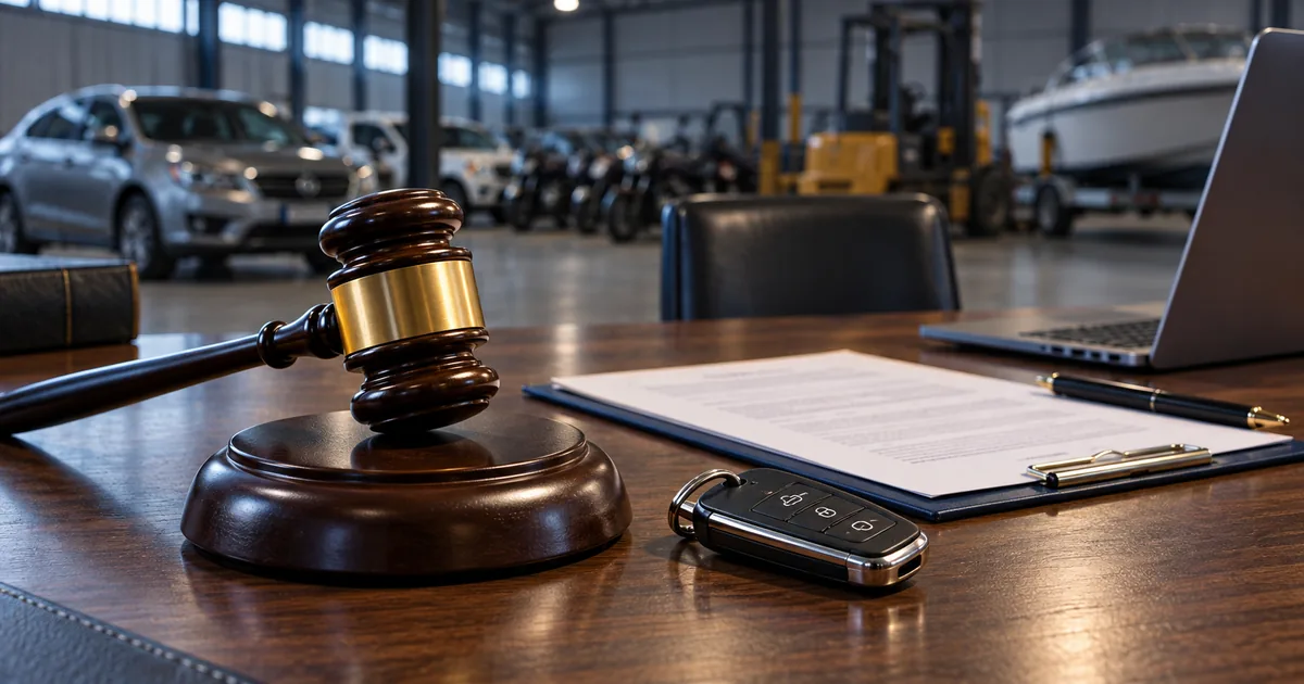 Martelo e chave de veículo representam leilão judicial de bem móvel
