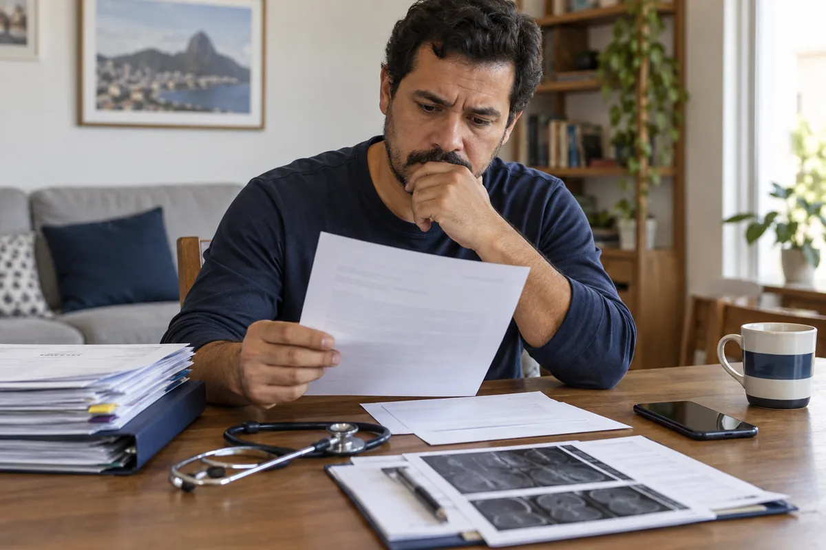 Segurado analisa decisão negativa ao lado de documentos médicos