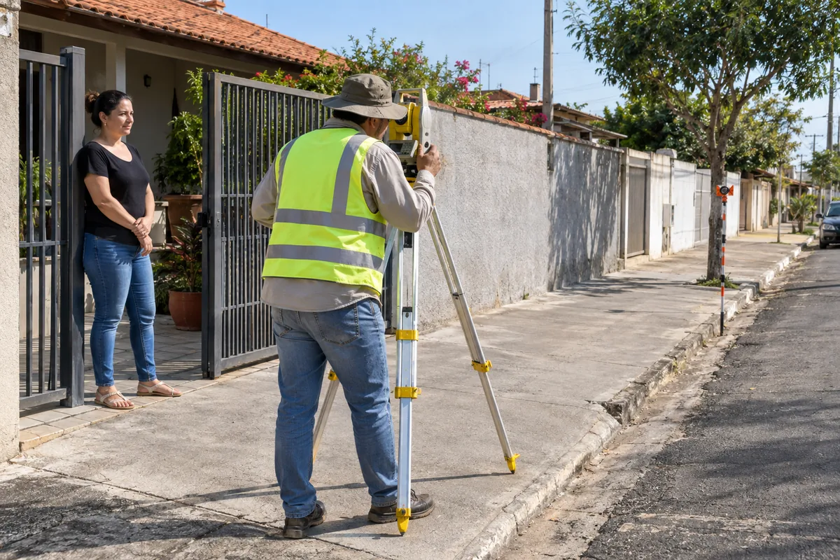 Profissional realiza levantamento técnico dos limites de uma casa urbana